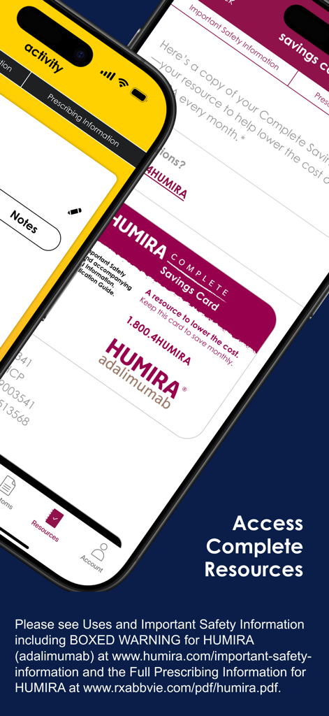 A screenshot of the Complete Medication Tracker app displaying a HUMIRA savings card to help users manage treatment costs.