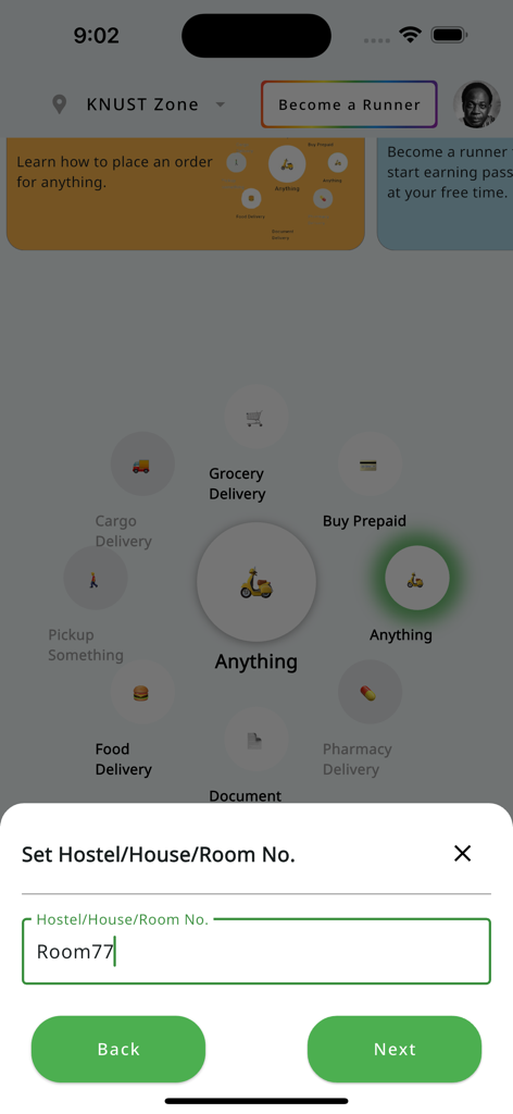 Errand-Earn - Errand-Earn App-Oberfläche, die zeigt, wie ein Benutzer seine Wohnheimzimmernummer für eine Lieferanfrage eingibt.