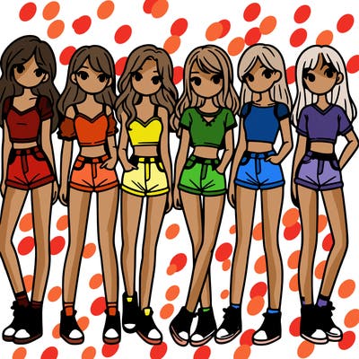 a group of girls wearing crop tops and shorts