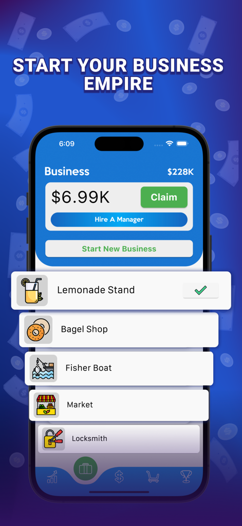 Business Tycoon: Idle Clicker - Business Tycoon game interface showing business options including a lemonade stand and bagel shop