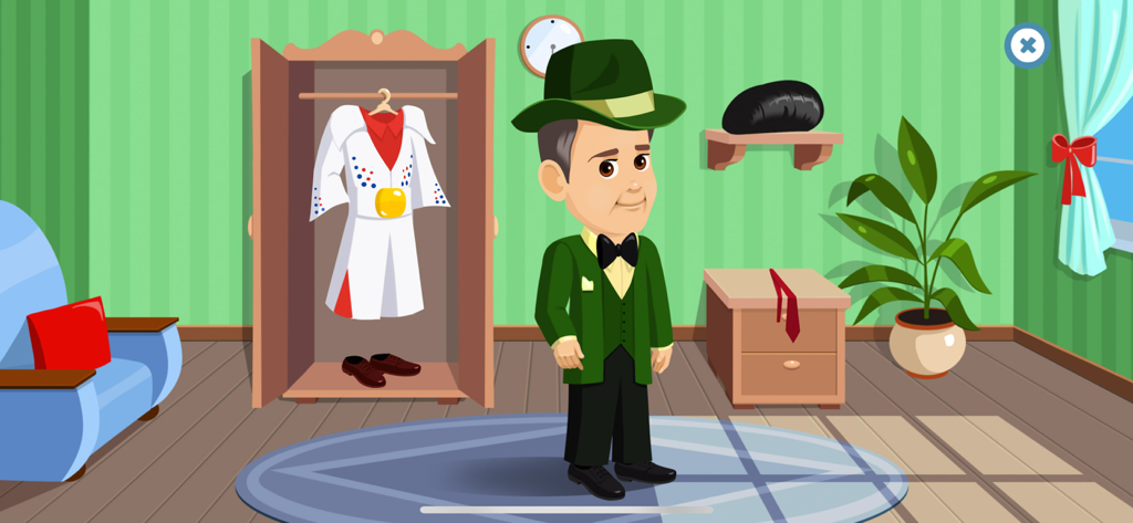 Like Nastya Game - Nastya's dad wearing a green suit and hat in a bedroom dressing game scene