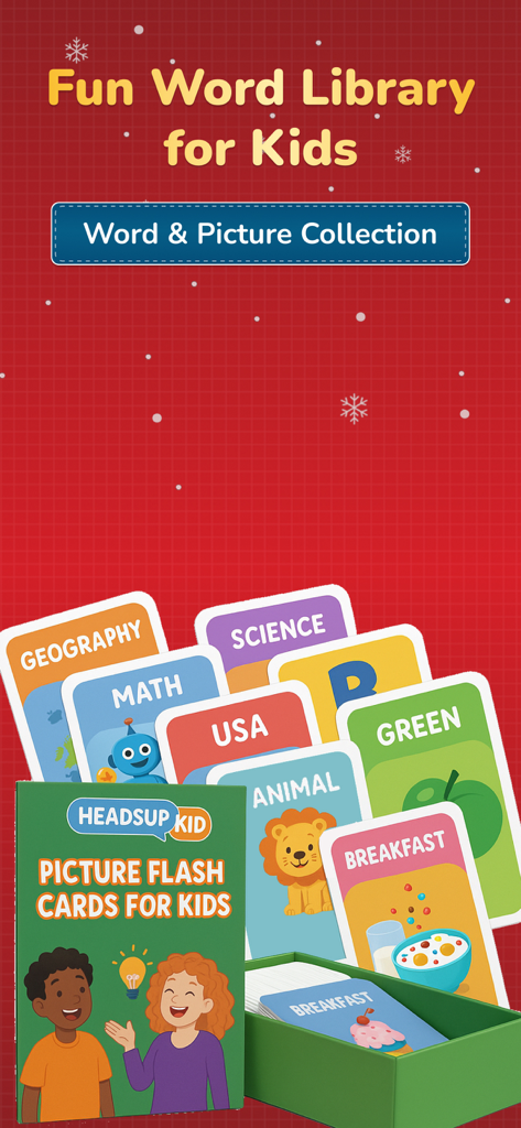 Charades Kids: Act it out - Various colorful educational word and picture flashcards for kids including categories like math science and animals