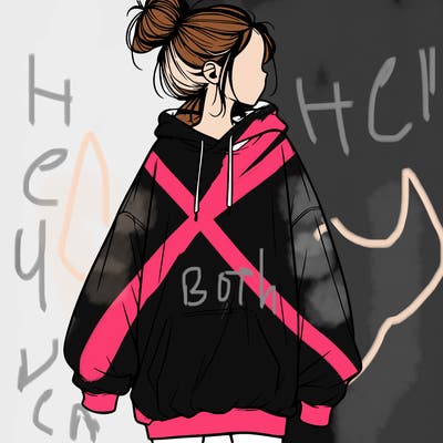 realistic girl with a oversized sweatshirt on and a bun