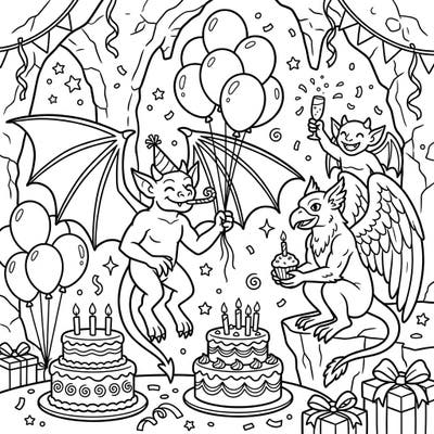 Dive into a mythical celebration with our Winged Gargoyles Birthday coloring page! Join these friendly monsters as they enjoy cakes, balloons, and endless fun in a festive cave setting, perfect for imaginative colorists.