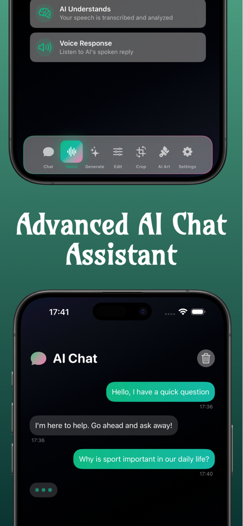 Interfaz mostrando las funciones del Asistente de Chat IA Avanzado y Asistente de Voz en un dispositivo móvil.