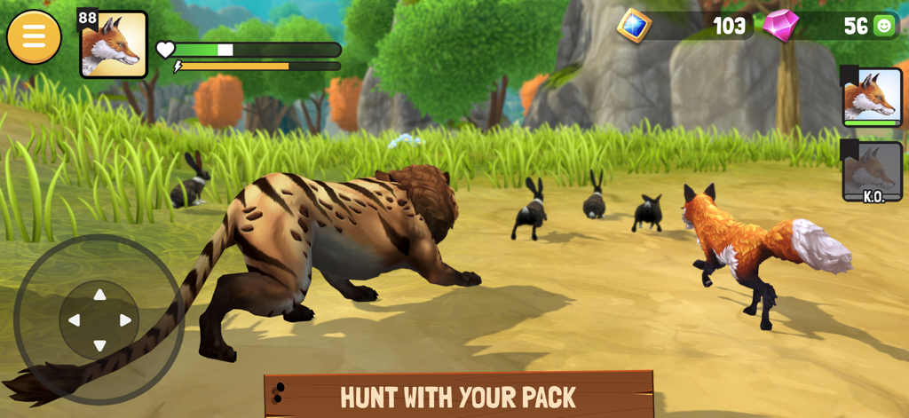 Animal Kingdoms: Wolf Sim MMO - Un zorro y un gran felino cazando conejos en un campo herboso.