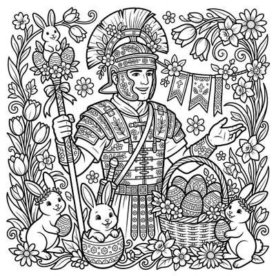 Unleash your creativity with this delightful coloring page featuring a mighty Roman Legionary celebrating Easter! Adorned with spring flowers and surrounded by adorable bunnies and festive eggs, it's a perfect blend of history and holiday cheer.