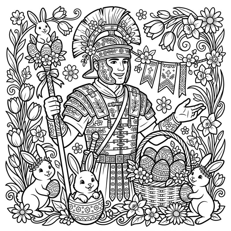 Unleash your creativity with this delightful coloring page featuring a mighty Roman Legionary celebrating Easter! Adorned with spring flowers and surrounded by adorable bunnies and festive eggs, it's a perfect blend of history and holiday cheer.
