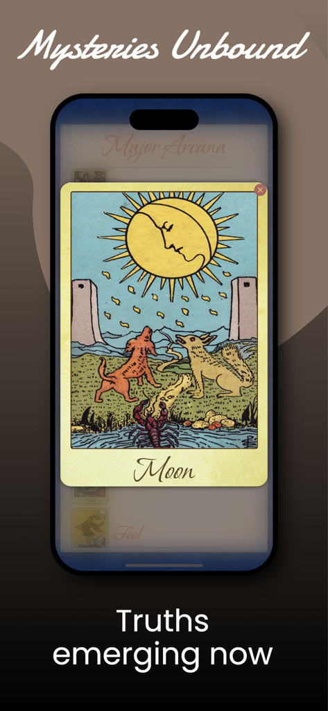 Tarot Universe - Card Reading - The Moon card displayed on a smartphone screen within the Tarot Universe app