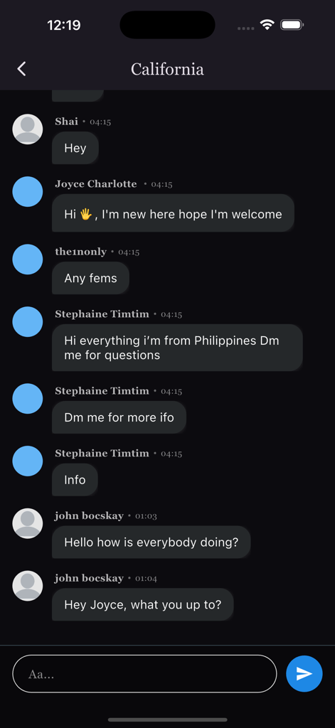 LGBT Chat - Screenshot of a group chat within the LGBT Chat app showing messages from multiple users in a California-specific group.