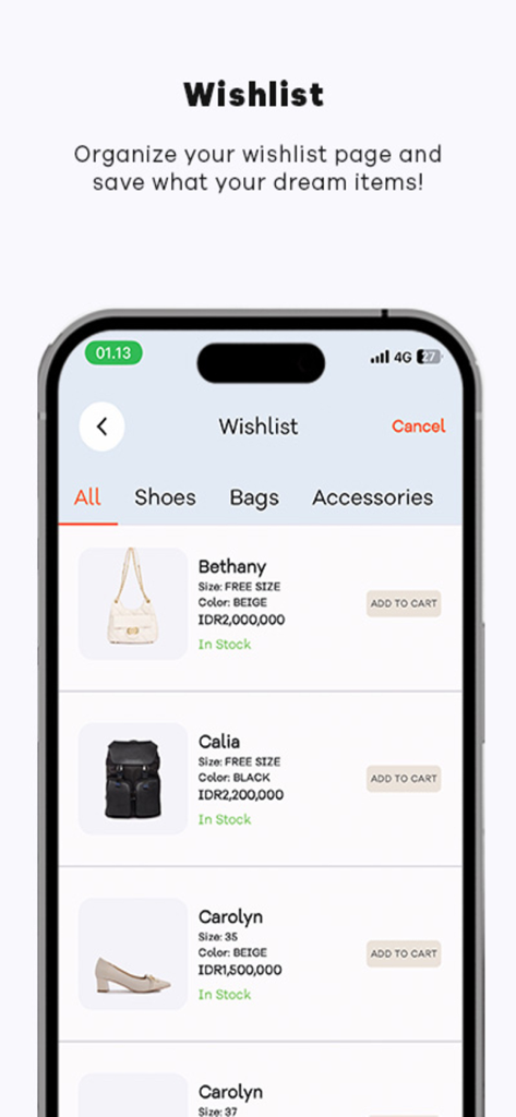 Everbest - Everbest app wishlist screen showing saved luxury shoes and bags