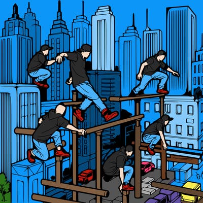 parkour athletes navigating a challenging cityscape