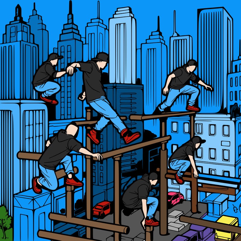parkour athletes navigating a challenging cityscape
