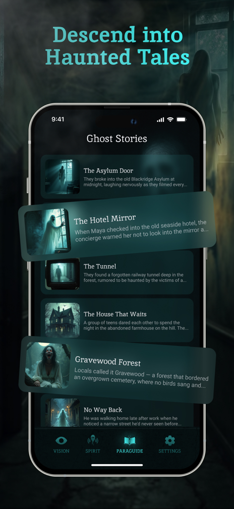 Smartphone-Bildschirm, der eine Sammlung von paranormalen Geistergeschichten innerhalb der Ghost Detector App-Oberfläche anzeigt.