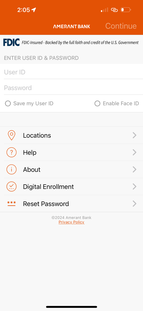Amerant Mobile Banking app login screen showing User ID and Password fields