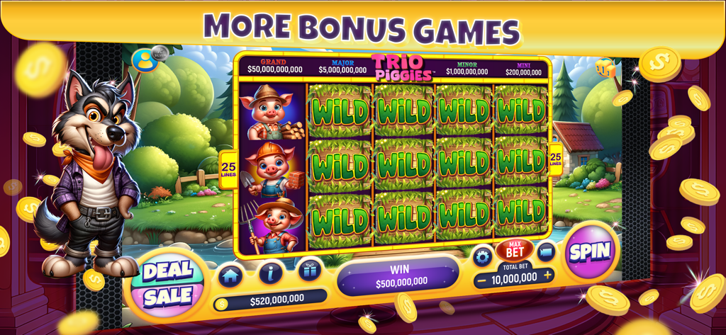 Trio Piggies slot game interface with wolf character and wild symbols