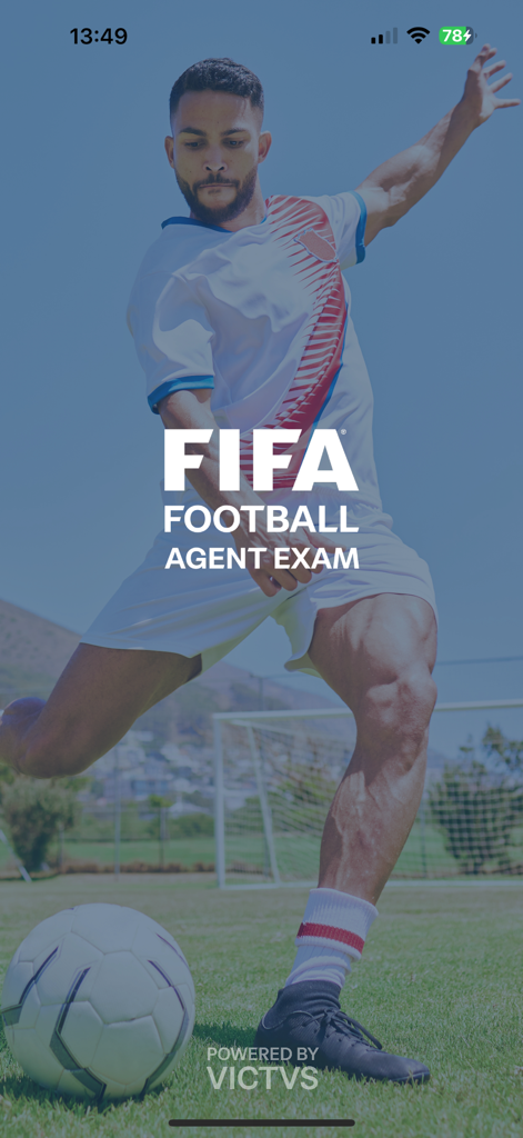 Welcome screen of the FIFA Football Agent Exam app featuring a soccer player and official branding