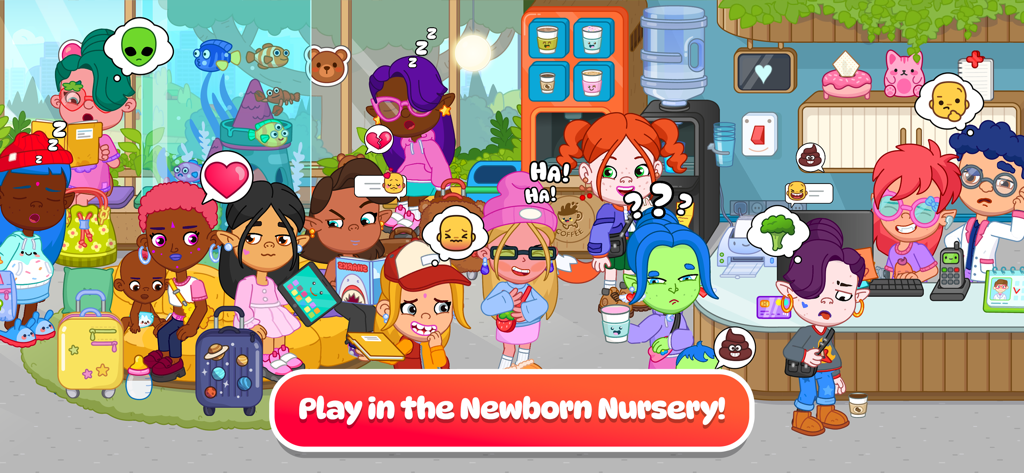 Pepi City: Hospital Life - Personaggi in stile cartone animato diversi in una sala d'attesa ospedaliera affollata con uno striscione sul reparto maternità