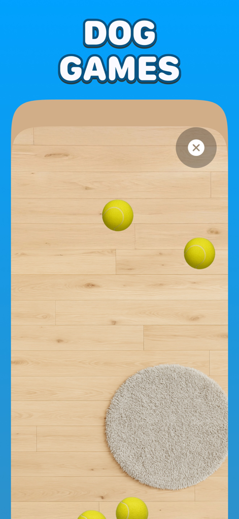 Interactive dog game screen featuring tennis balls on a wooden floor
