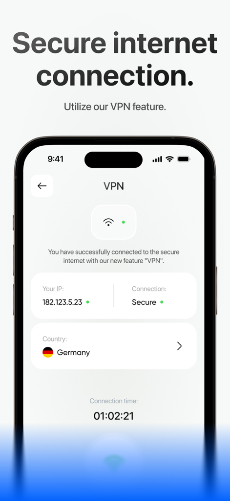SafeX app interface showing a successful secure VPN connection to a server in Germany.