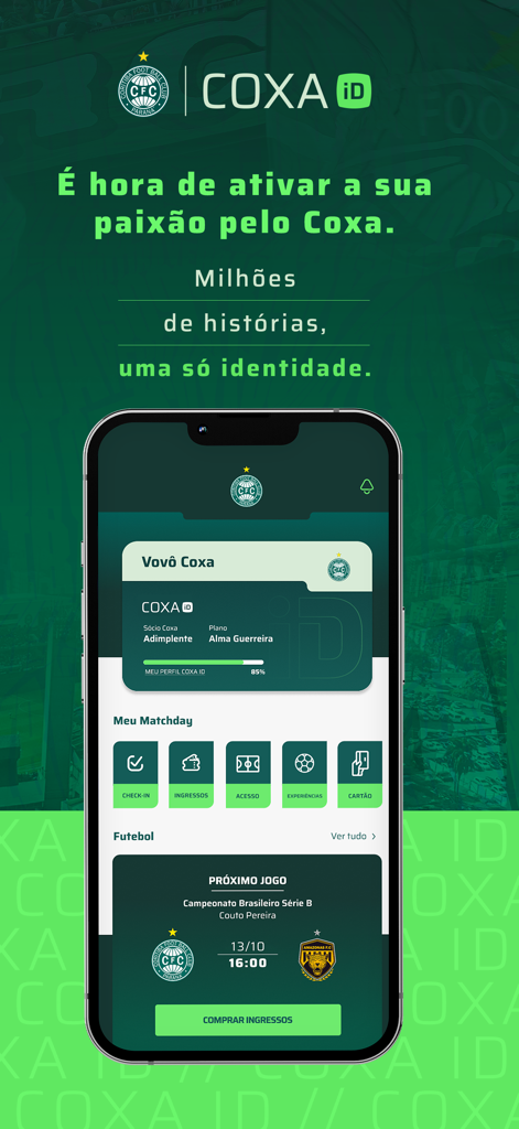 Coxa ID | Coritiba Oficial App - Coxa ID mobile app interface showing user membership details and matchday ticket options for Coritiba FC