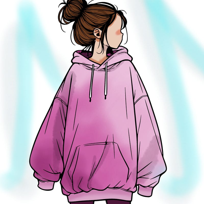 realistic girl with a oversized sweatshirt on and a bun