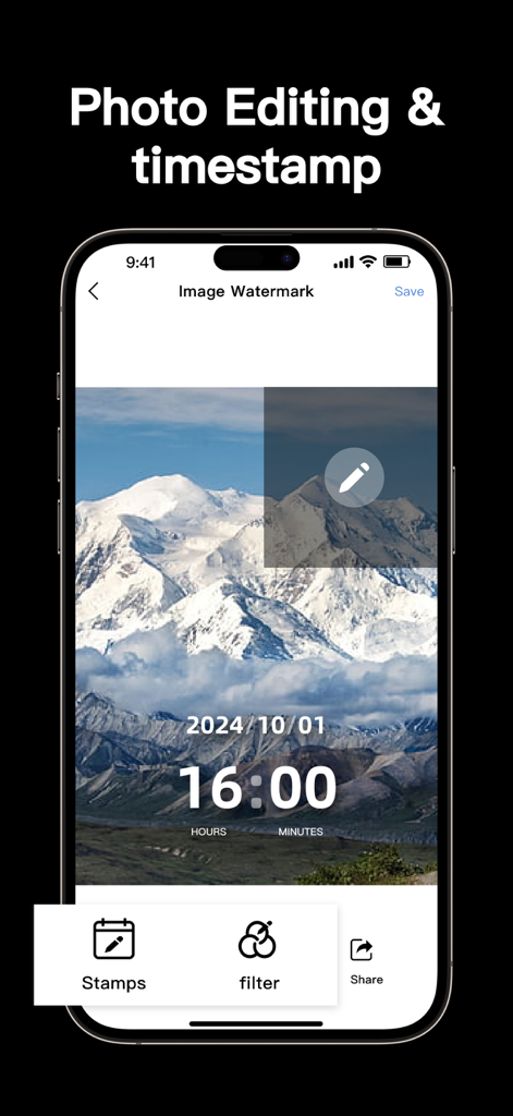 Smartphone interface showing a date and time stamp watermark on a mountain photo
