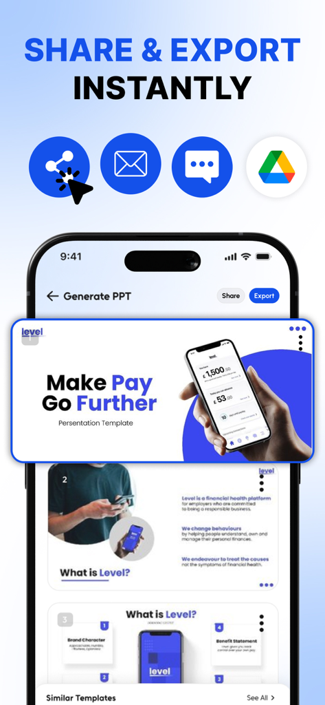 AI PPT Maker : Gamma AI App - A mobile interface showing options to share and export AI-generated presentations via email, messaging, and cloud storage