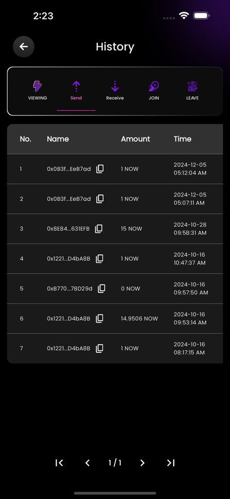 mobiNODE - Uma captura de tela da página de histórico de transações do aplicativo mobiNODE exibindo uma lista de transferências de tokens NOW com endereços de carteira e carimbos de data/hora.