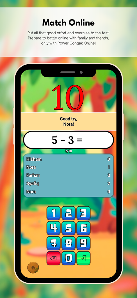 Online multiplayer math competition screen with subtraction problem and player rankings