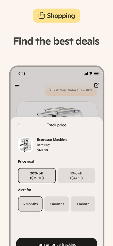 Microsoft Copilot mobile app interface showing price tracking and discount alert options for an espresso machine