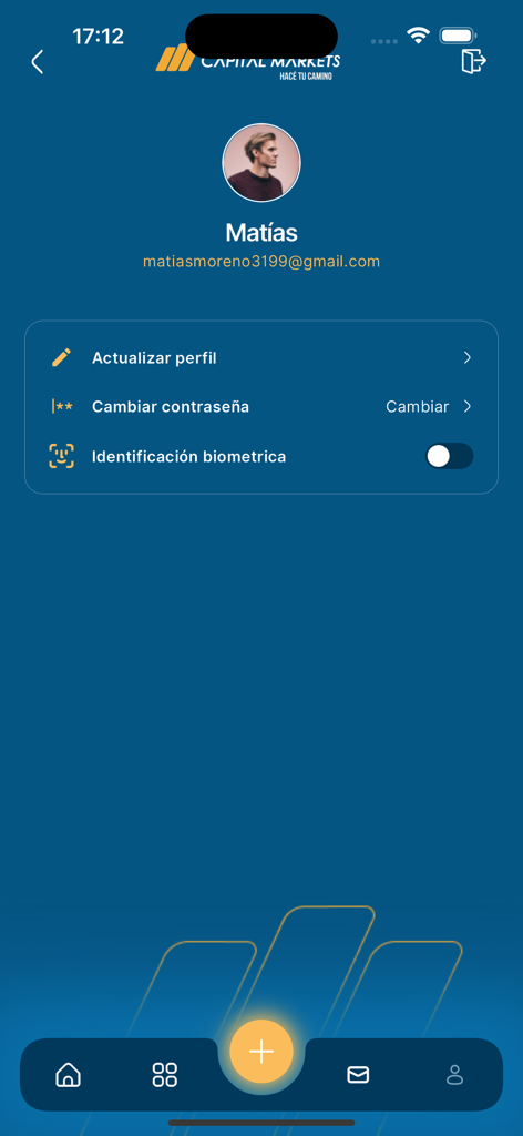 Capital Markets APP - User profile screen of Capital Markets app showing account management and biometric security settings