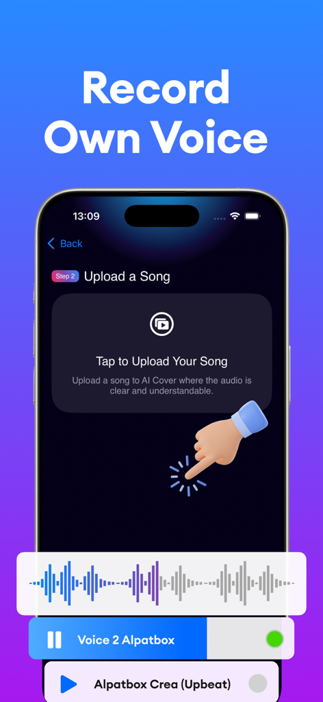 Music AI Cover: Banger & Songs - Uma tela de aplicativo móvel mostrando como fazer upload de uma música para um cover de voz com IA com a opção de gravar sua própria voz