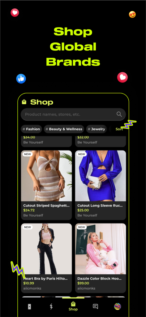 Popshop live app shop interface showing global brands and fashion products
