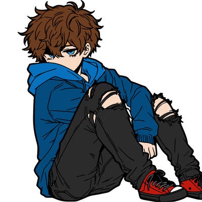 a male hoddie ripped jeans messy hair anime