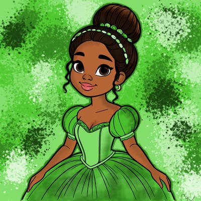a single african american woman with a bun and a realistic fairy tale dress
