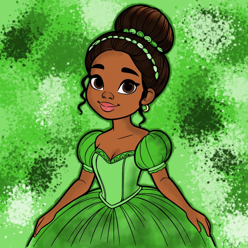 a single african american woman with a bun and a realistic fairy tale dress
