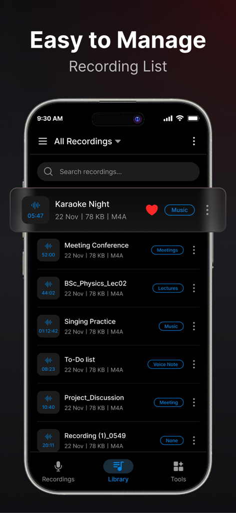 Voice Recorder : Voice Memos - Interfaz de la aplicación Grabadora de Voz mostrando una biblioteca organizada de grabaciones de audio con etiquetas para reuniones, conferencias y música