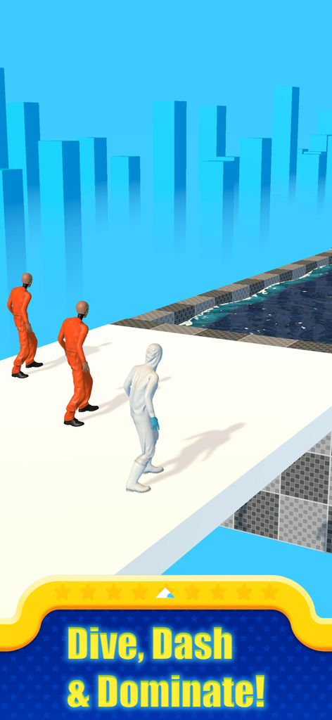 Parkour : Epic Freerunner 3D - Characters in jumpsuits racing on an urban parkour obstacle course next to a pool