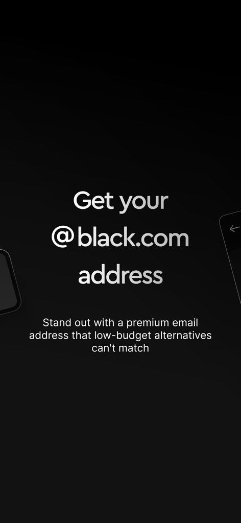 black.com - Encrypted Email - Promotional screen for black.com offering a premium encrypted email address