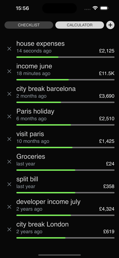 Checklist Pro: Expense Tracker - Visão do painel do aplicativo Checklist Pro mostrando uma lista de categorias de despesas com barras de progresso verdes e totais financeiros