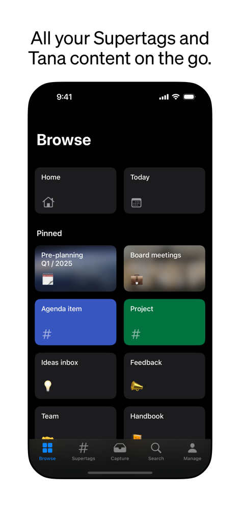 Tana mobile app browse interface showing organized supertags and note categories like projects and ideas