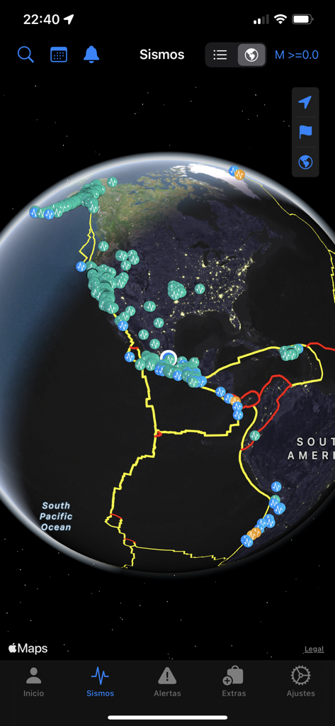Alerta Sísmica México - SASSLA - SASSLA app showing a global map with earthquake activity and tectonic plate lines