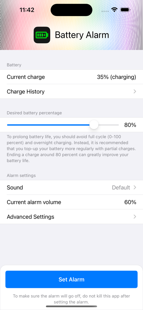 Interface of Battery Charge Alarm app showing settings for target battery level.
