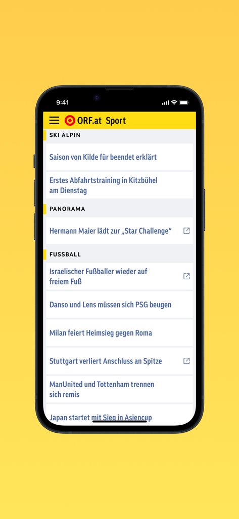 ORF.at Sport - Un telefono cellulare che mostra il feed di notizie dell'app ORF.at Sport con categorie per sci alpino e calcio.