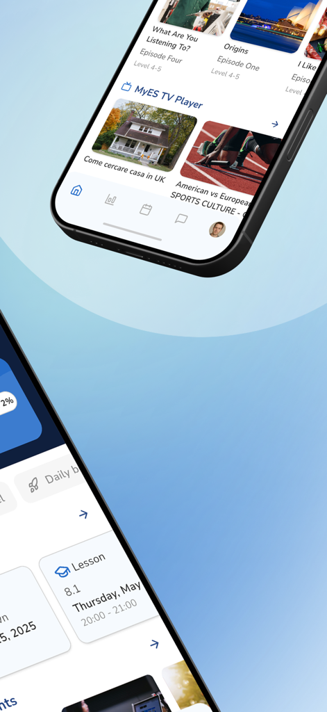 MYES - My English School - Screenshots of the MYES My English School app showing video lessons and class schedule on mobile phones