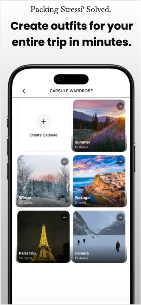 StylVerse - AI Outfit Planner - Interfaz de la aplicación móvil StylVerse mostrando cápsulas de viaje para París, Portugal y colecciones de temporada