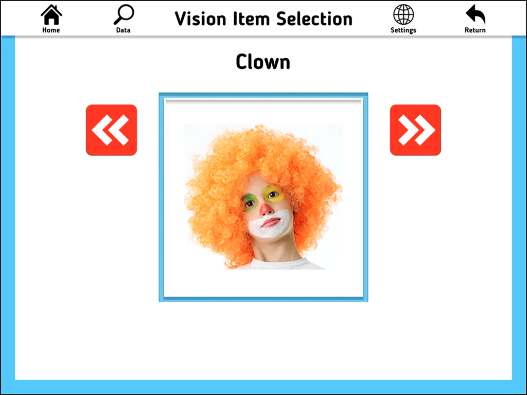 AAC Evaluation Genie - AAC Evaluation Genie app screen showing the vision item selection subtest with a clown photo.