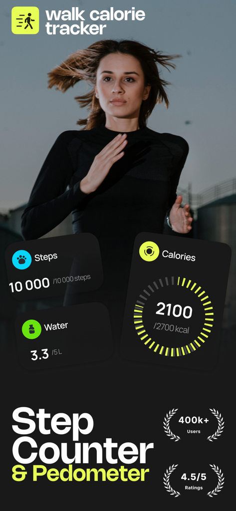 Walk Calorie Tracker app interface showing steps, water intake, and calories burned statistics