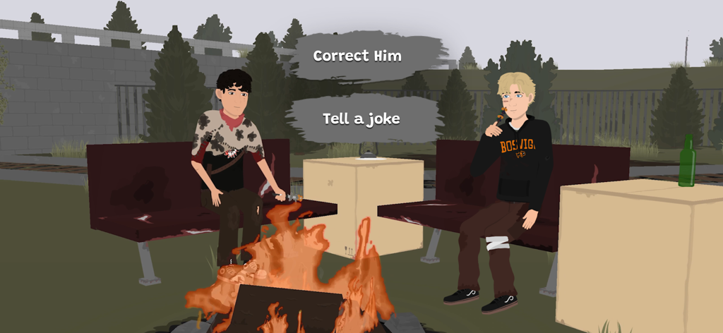 ゲーム「Nocturnals」で、2人のキャラクターが焚き火のそばに座っており、「Correct Him（彼を正す）」と「Tell a joke（冗談を言う）」という対話の選択肢が表示されている